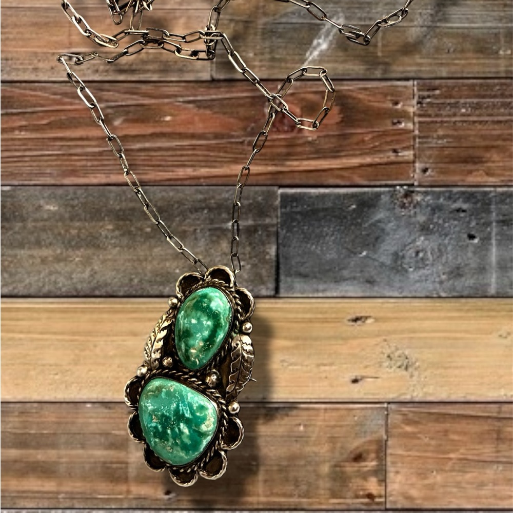 STERLING SILVER/ TURQUOISE NECKLACE PENDANT BROUCH COMBO- STUNNING VTG PIECE!
